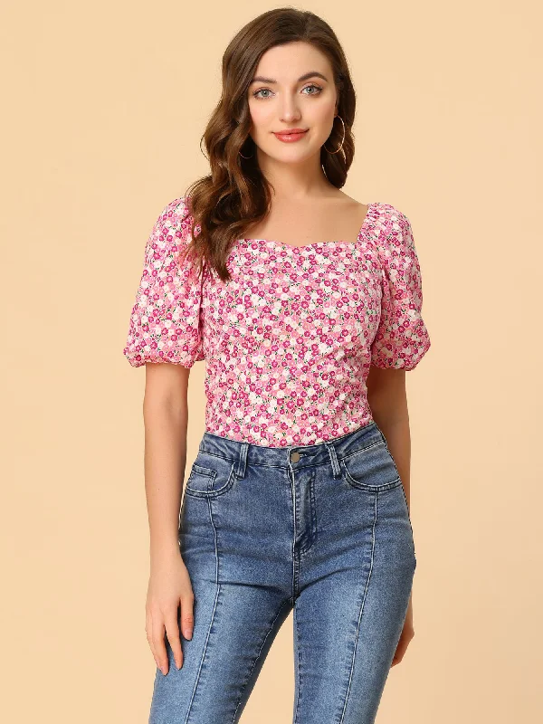 Puff Sleeve Square Neck Peasant Floral Blouse Top