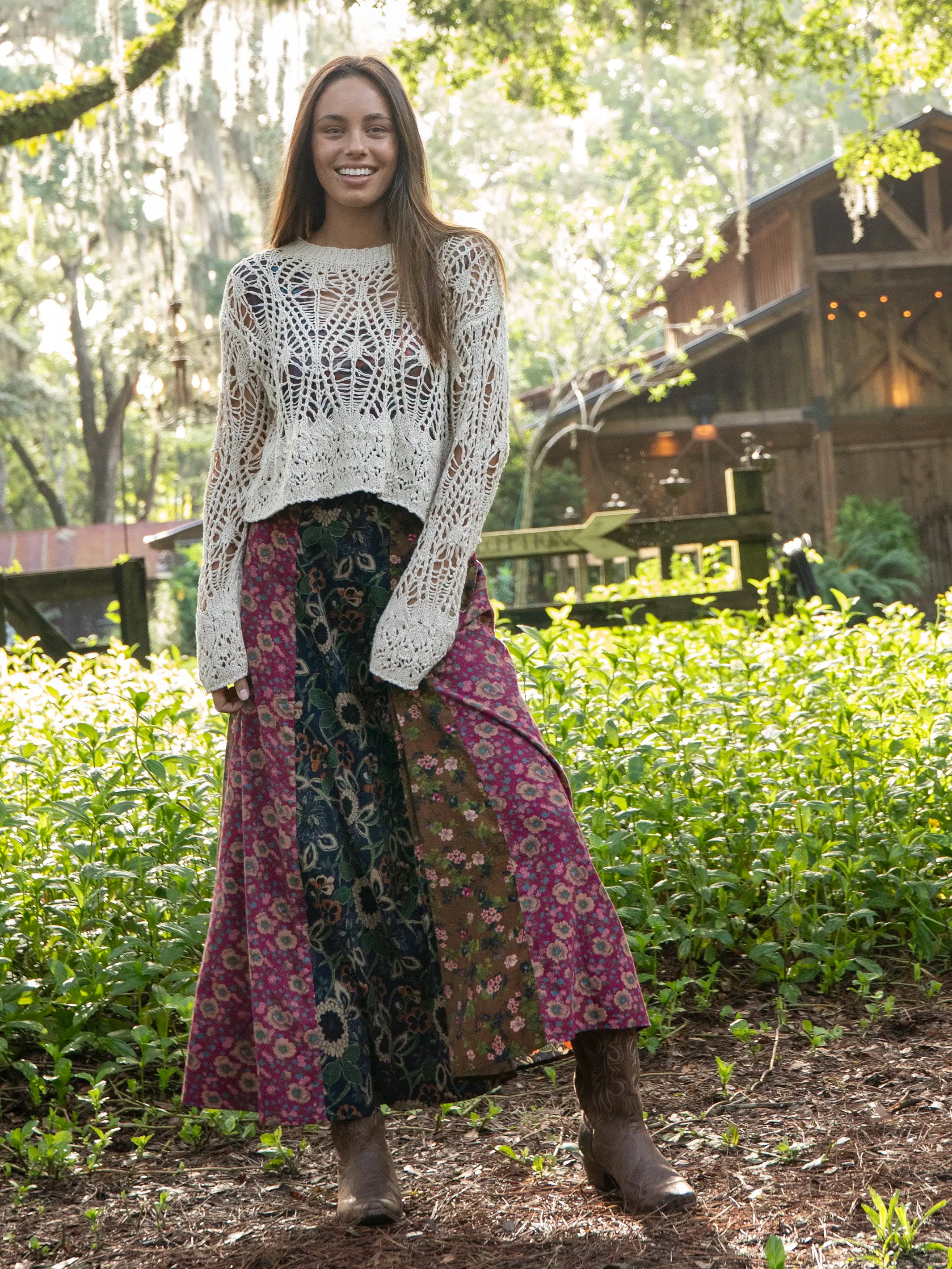 Valentina Corduroy Maxi Skirt - Cranberry Navy Brown Mixed Floral