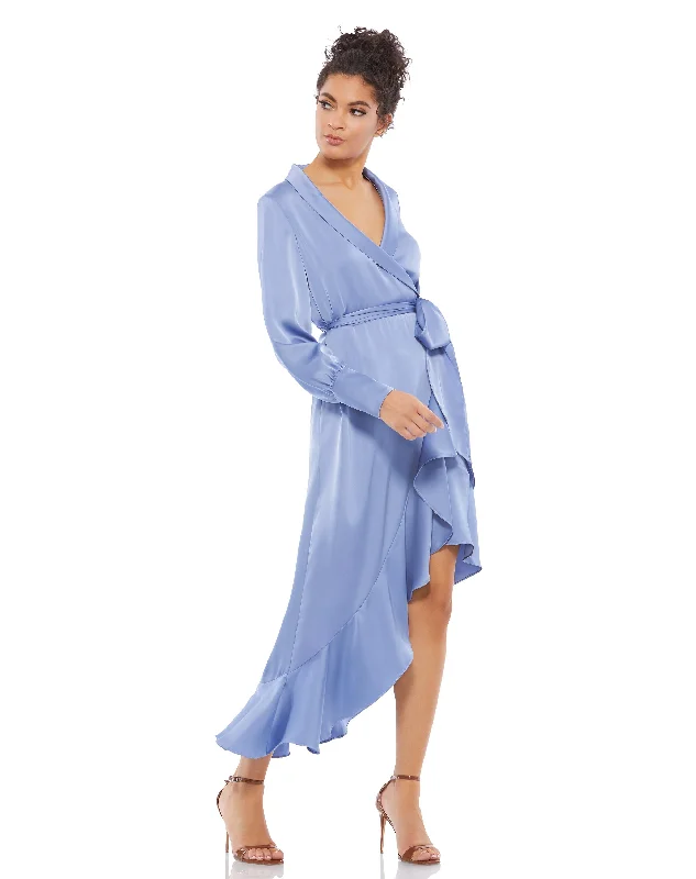 Long Sleeve Faux Wrap Midi Dress