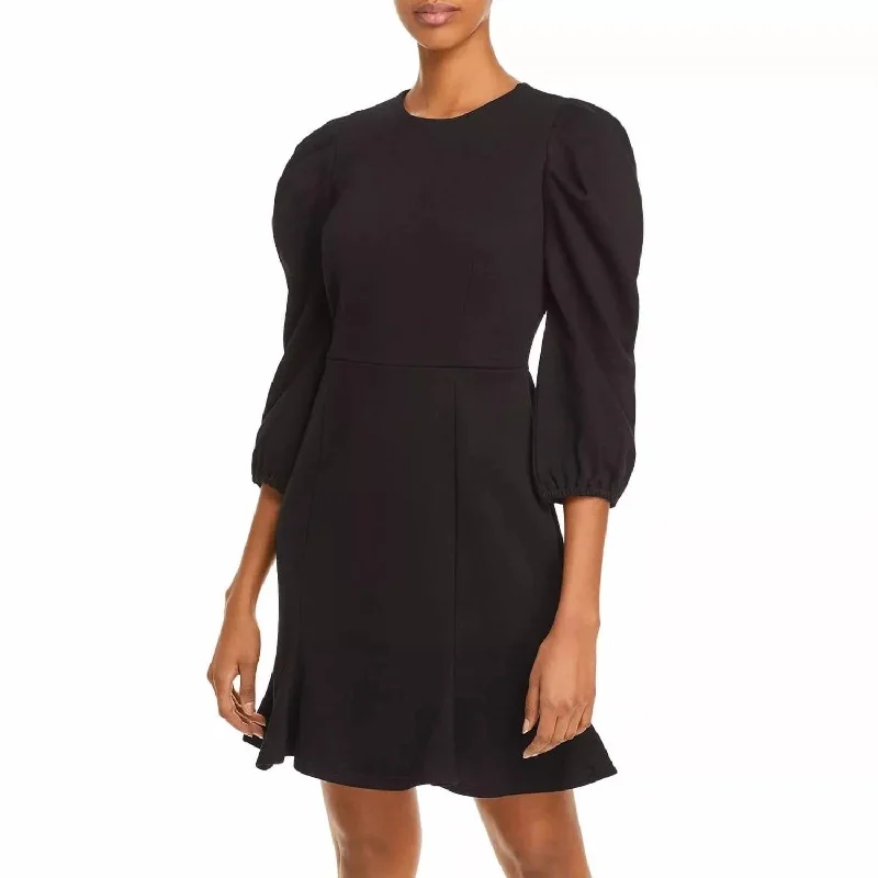 Puff Sleeve Tunic Sweatshirt Ruffle Casual Knit Mini Dress In Black