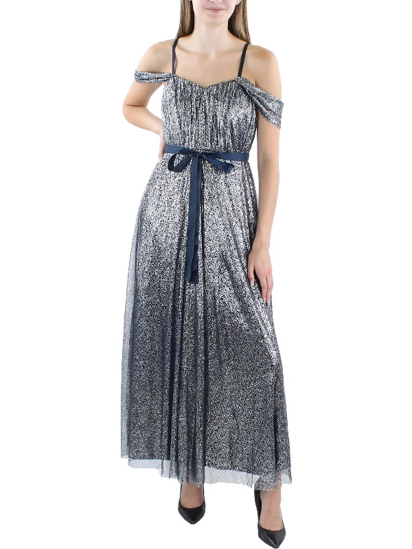 Womens Metallic Off-The-Shoulder Evening Dress