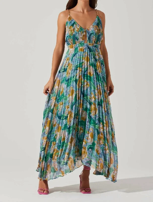 Loralee Pleated Midi Dress In Green Floral