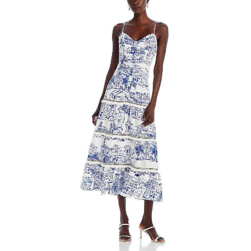 Womens Linen Printed Midi Dress