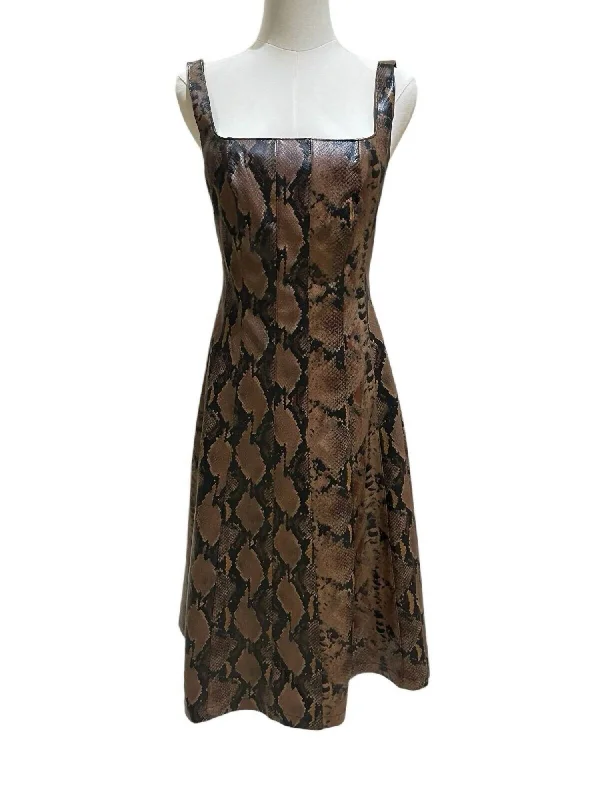 Snake Faux Leather Square Neck Sleeveless Midi Dress In Brown