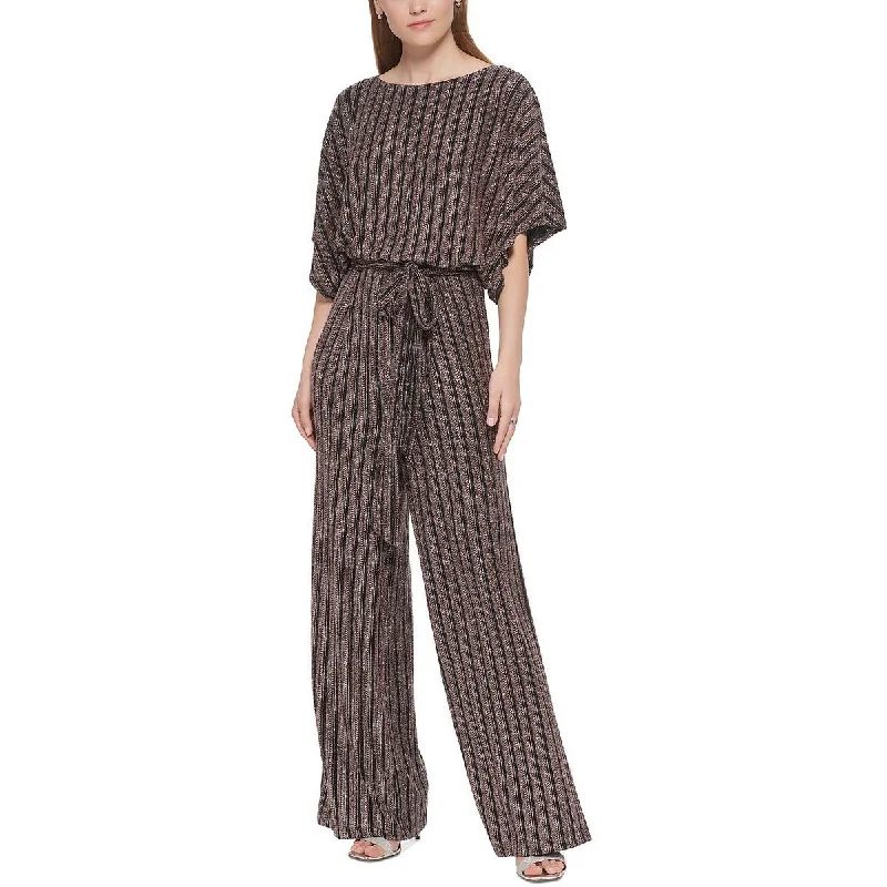 Jessica Howard Womens Petites Knit Glitter Striped Jumpsuit