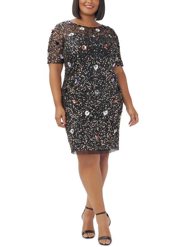 Plus Womens Embellished Mesh Cocktail And Party Dress