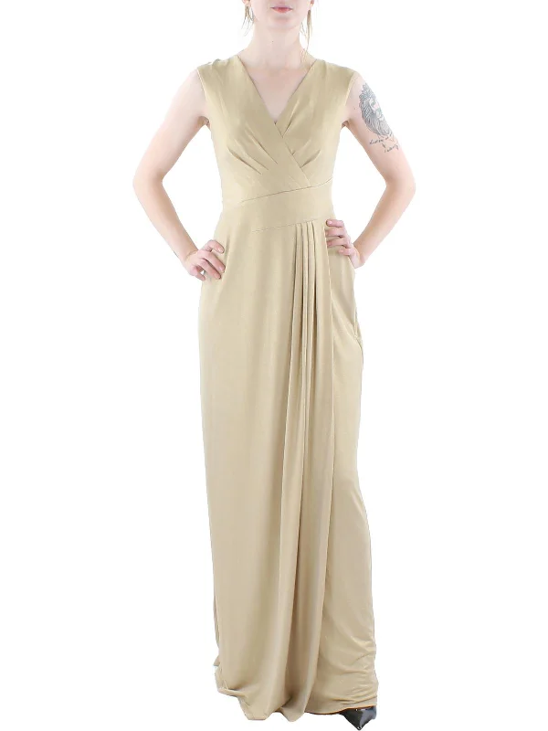 Womens Metallic Surplice Evening Dress