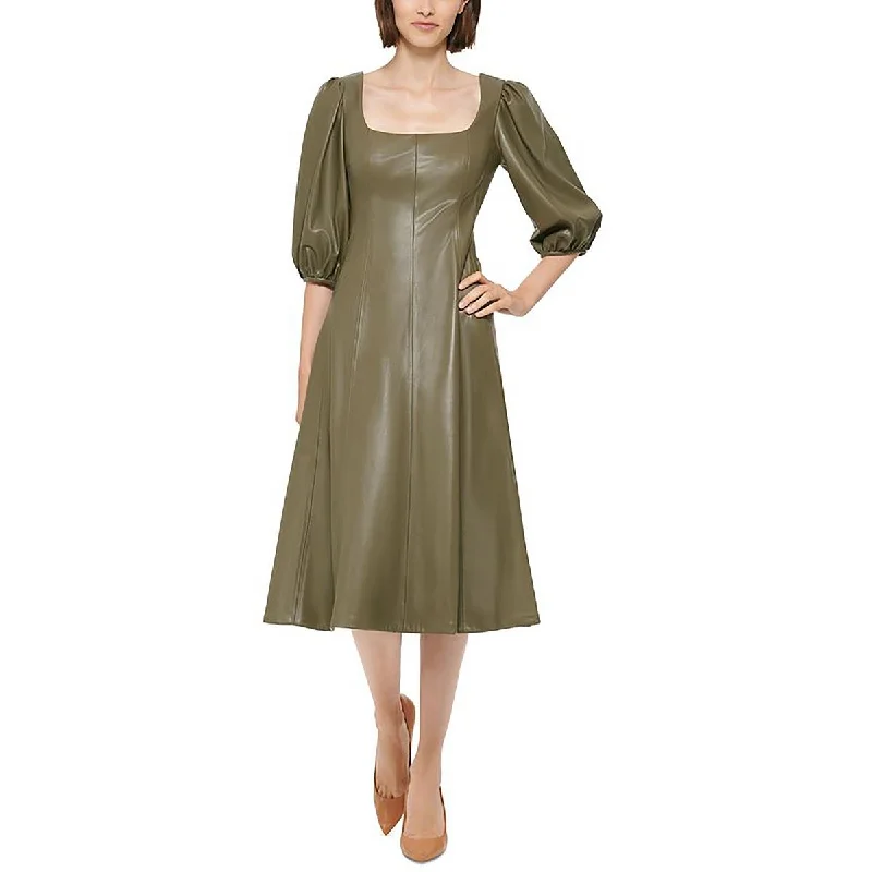 Womens Faux Leather Square Neck Midi Dress