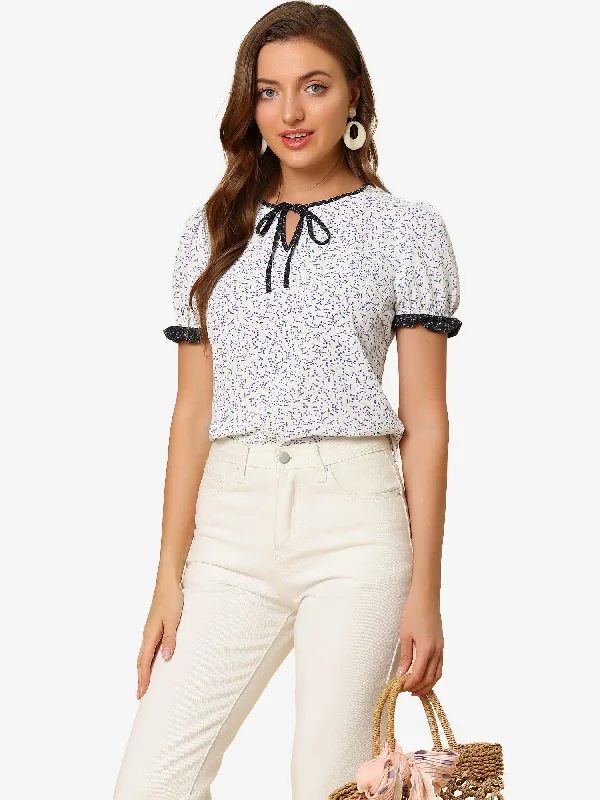 Tie Neck Contrast Trim Short Sleeve Floral Blouse Tops