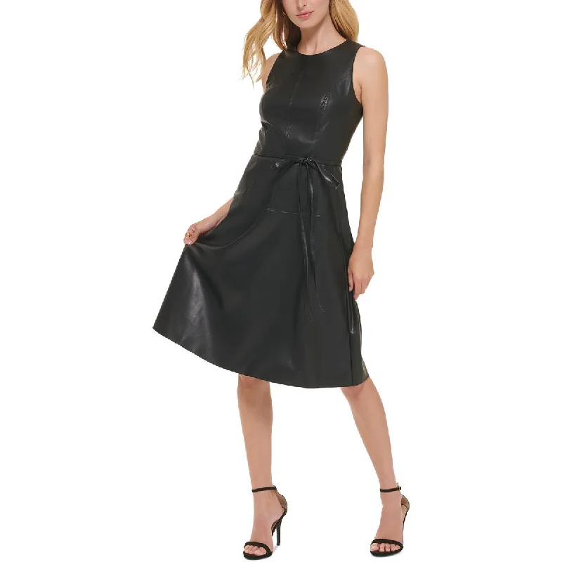 Womens Faux Leather Sleeveless Midi Dress