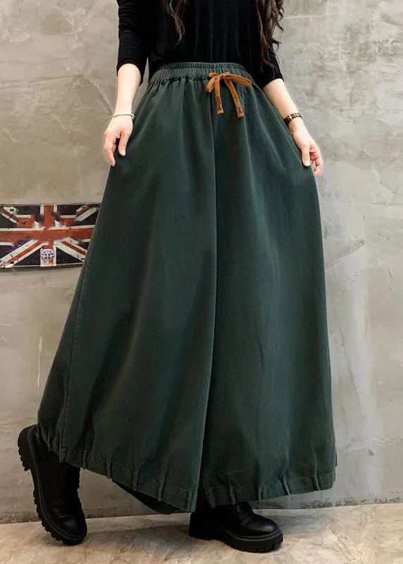 Green Solid Pockets Cotton Wide Leg Pants High Waist