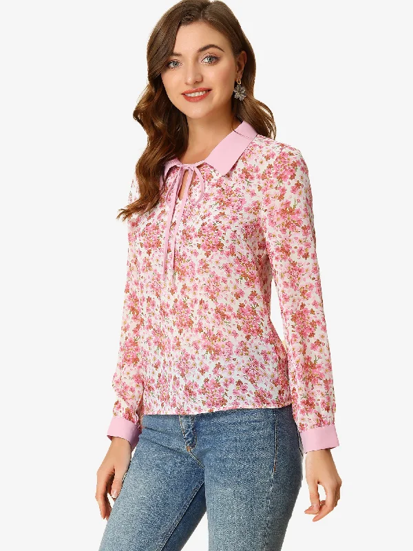 Floral Tops Contrast Tie Neck Long Sleeve Sheer Top