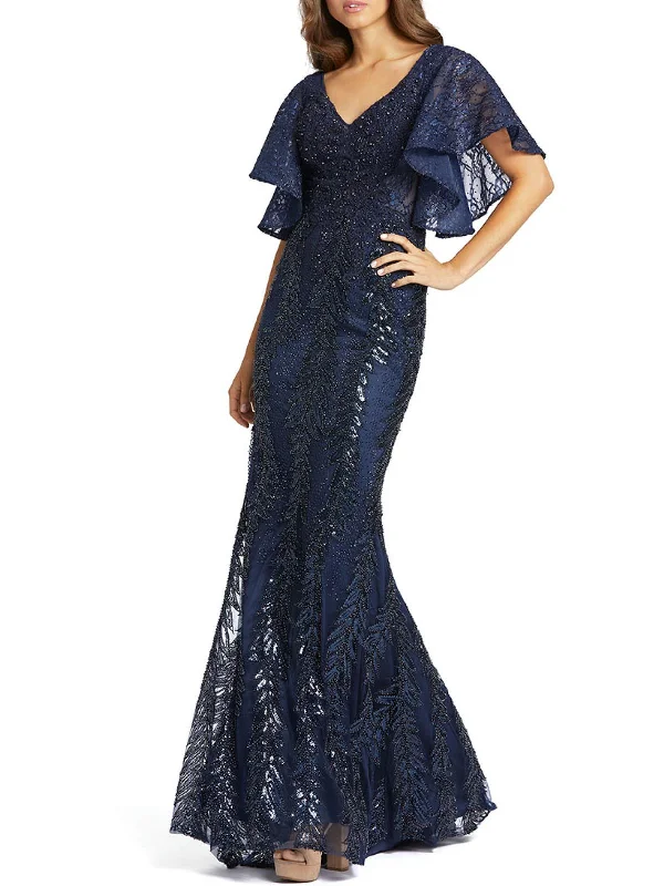 Womens Embellished Flutter Sleeve Evening Dress