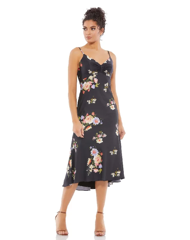 Floral Print Button Bodice Empire Midi Dress