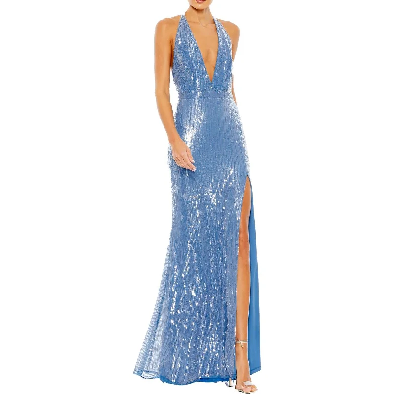 Womens Sequined Halter Evening Dress