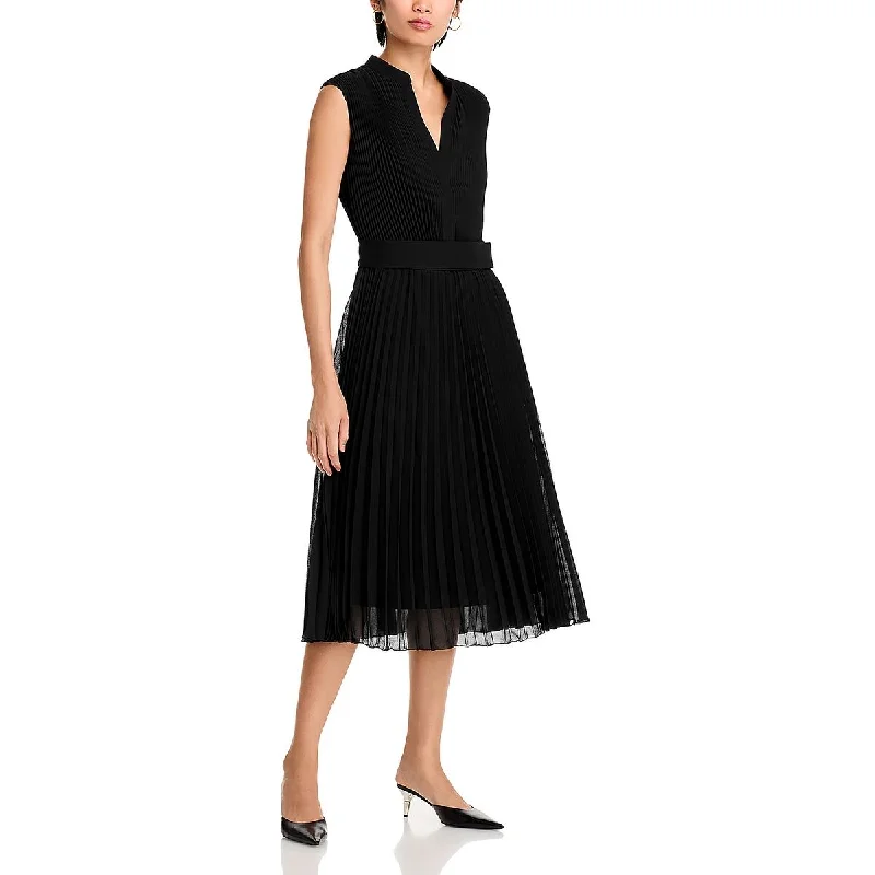 Womens Below Knee Pleated Midi Dress