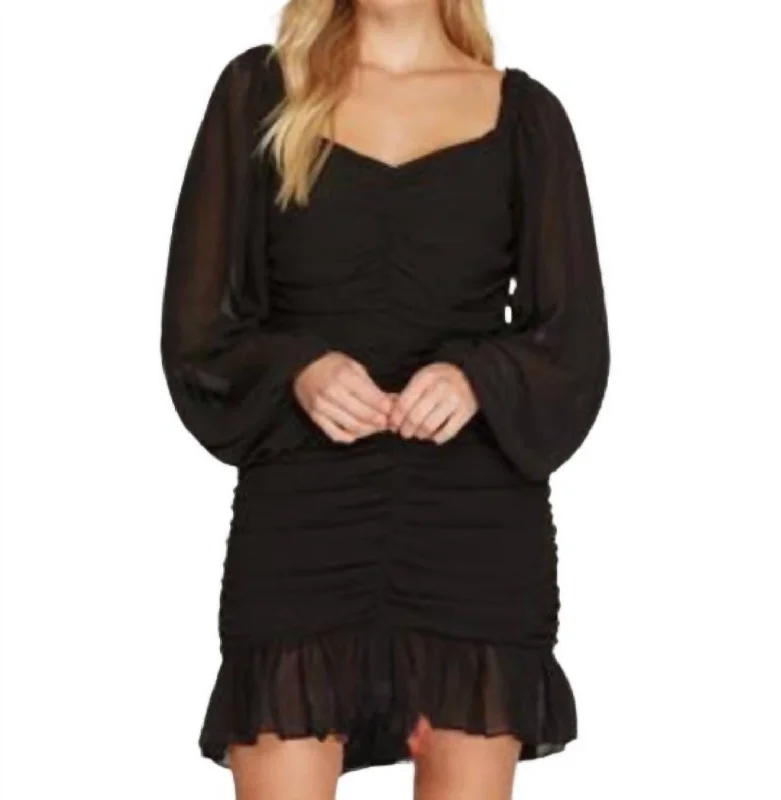 Long Sleeve Ruched Mini Dress In Black