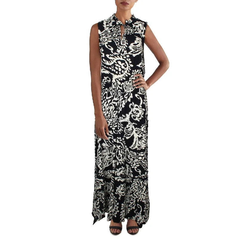 Womens Printed Tie Neck Maxi Dress