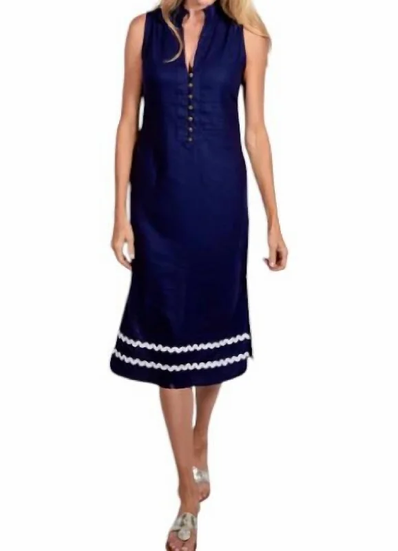 Sleeveless Button Midi Tunic Dress In Navy