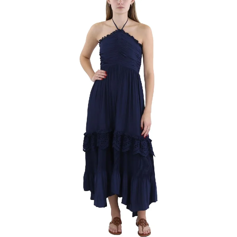 Womens Midi Pleated Halter Dress