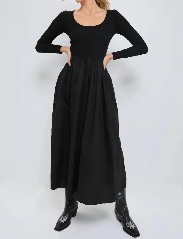 Contrast Long Sleeve Midi Dress In Black