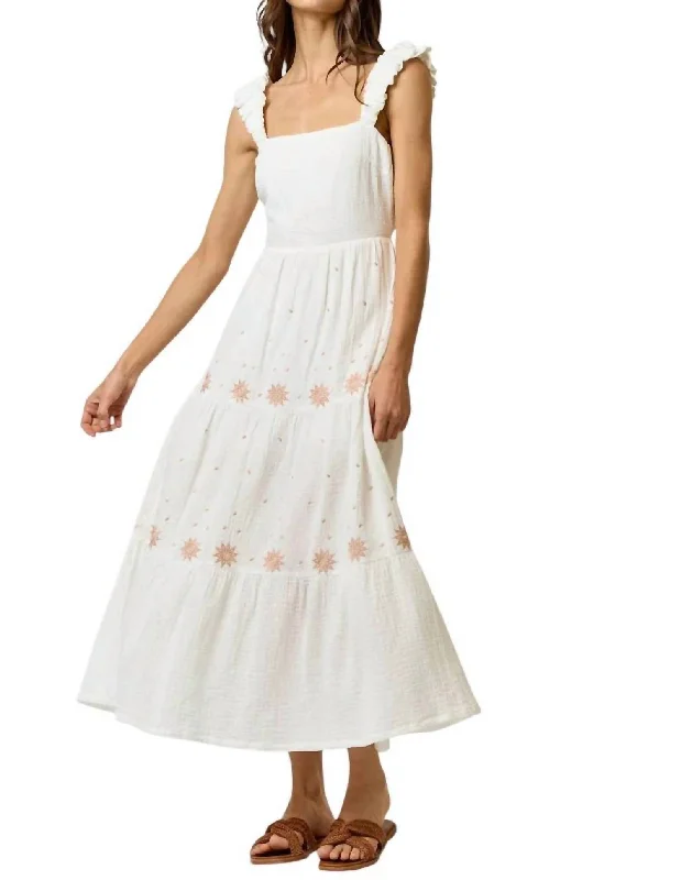 Cotton Gauze Embroidery Midi Dress In Ivory