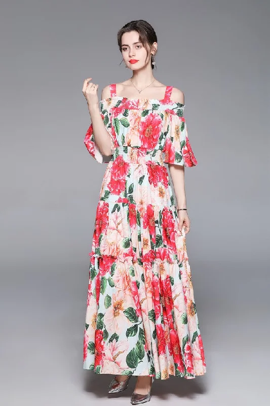 Multicolor ?ocktail & Party A-line Strap Off The Shoulder Elbow Sleeve Ankle Floral Dress