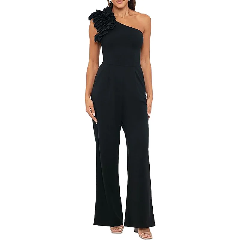 Xscape Womens Petites One Shoulder Ruffle Jumpsuit