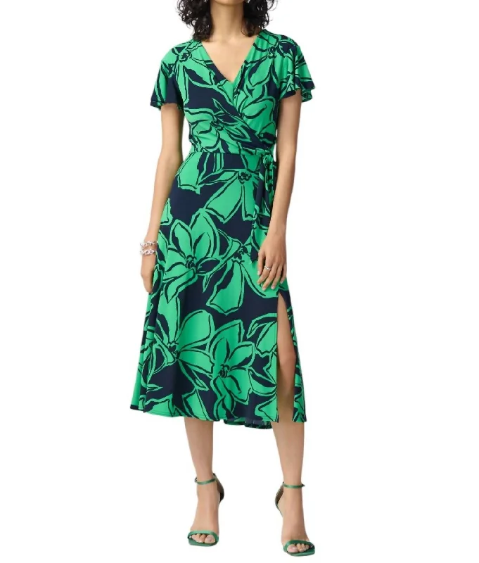 Floral Print Midi Dress In Midnight Blue/green