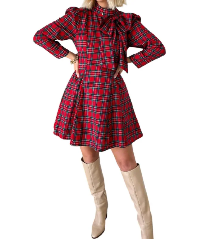 Cup Of Cheer Bow Mini Dress In Red Plaid