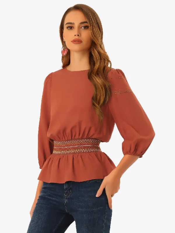 Peplum Top 3/4 Sleeve Smocked Waist Blouse