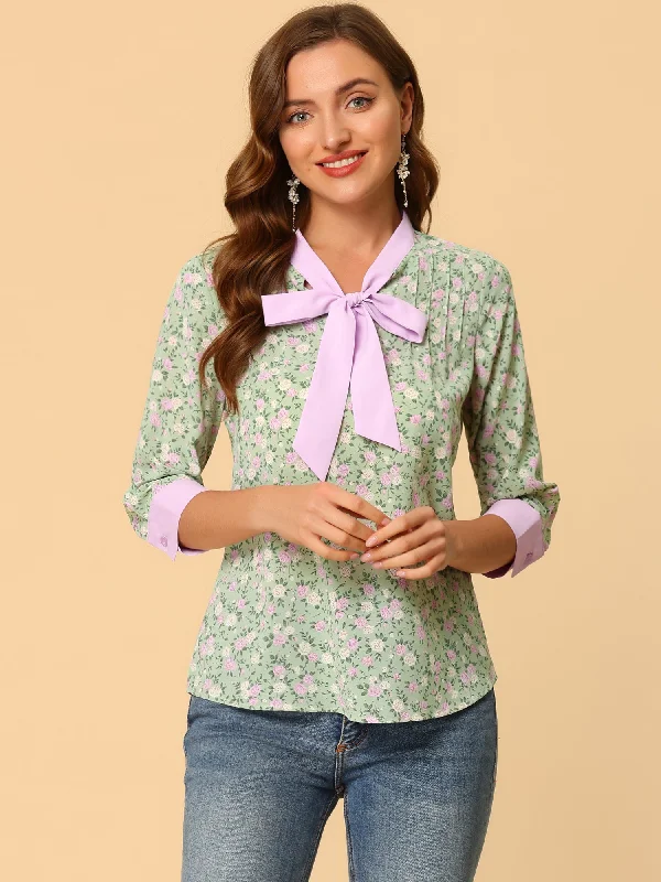 Floral Tops Bow Tie V Neck Contrast Trim 3/4 Sleeve Vintage Blouse